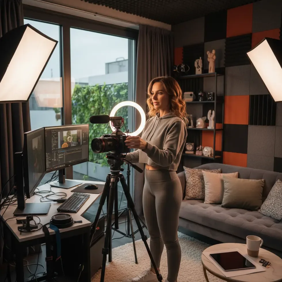 Adult content creator setting up camera equipment in a private studio
