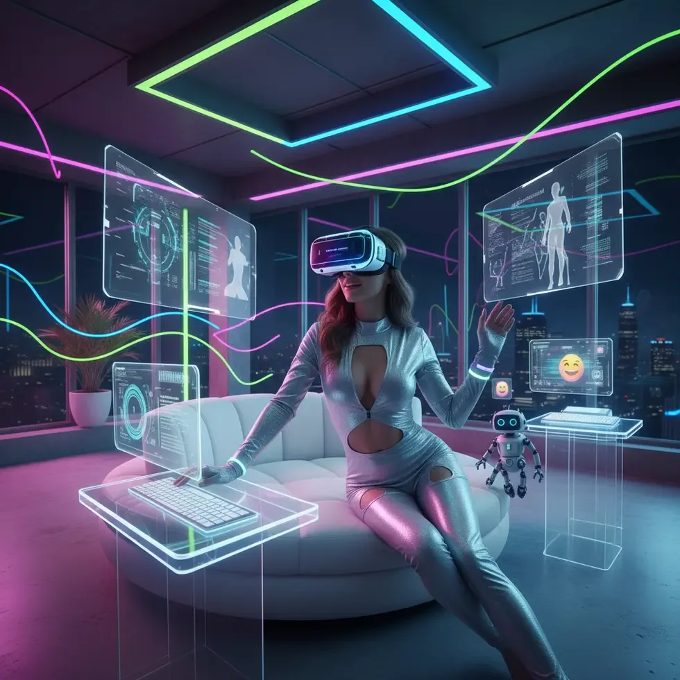 Adult content creator using virtual reality headset in a modern tech environment showing sensual confidence