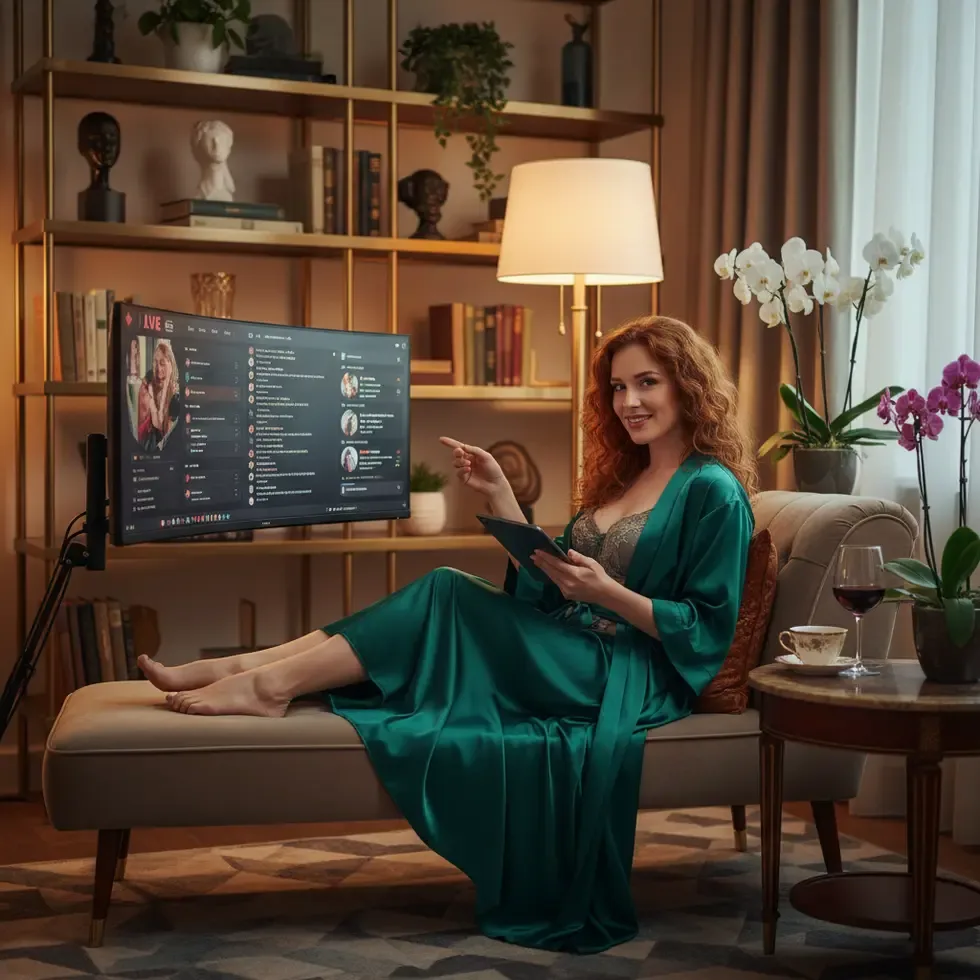 Alluring adult content creator engaging with followers in sophisticated setting