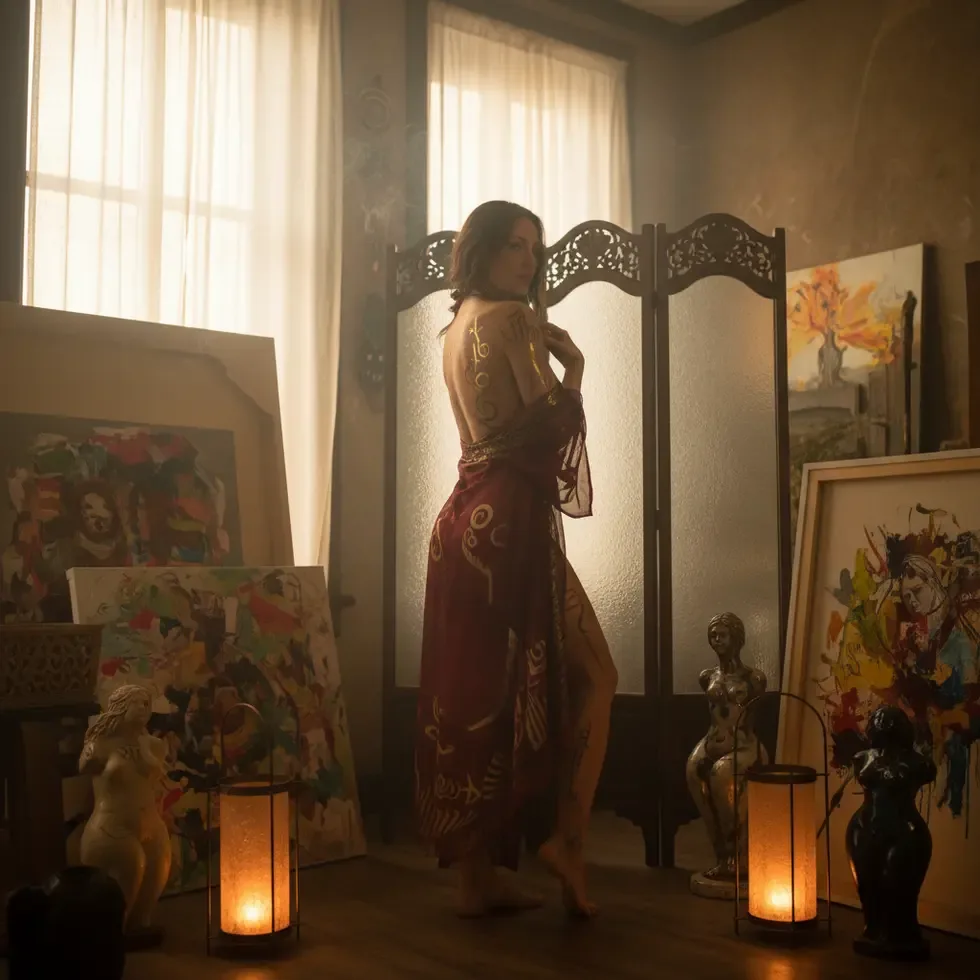 Artistic and sensual scene focusing on empowerment and privacy