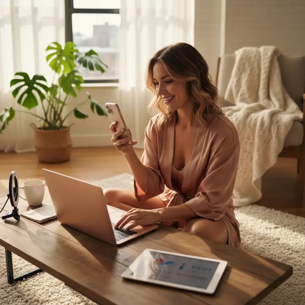 Confident adult content creator building online presence with mobile and laptop in sensual setting