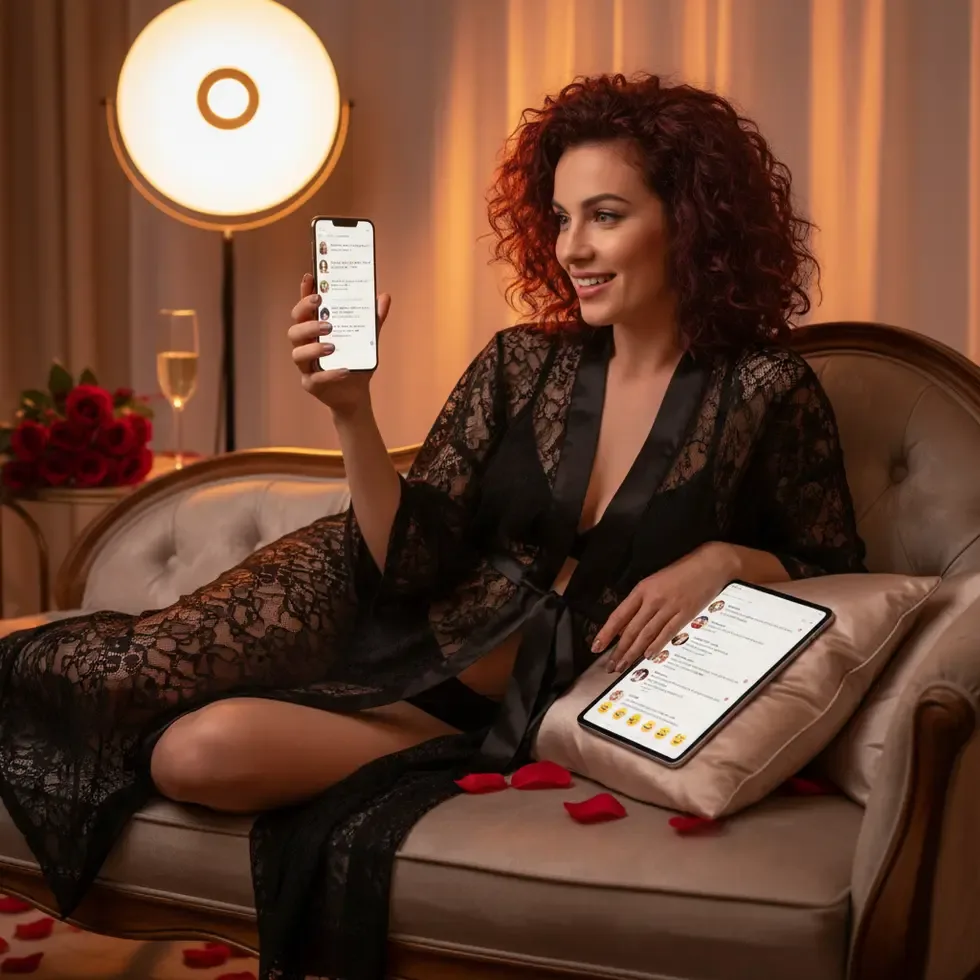 Confident adult content creator engaging with followers on mobile devices in a sensual atmosphere