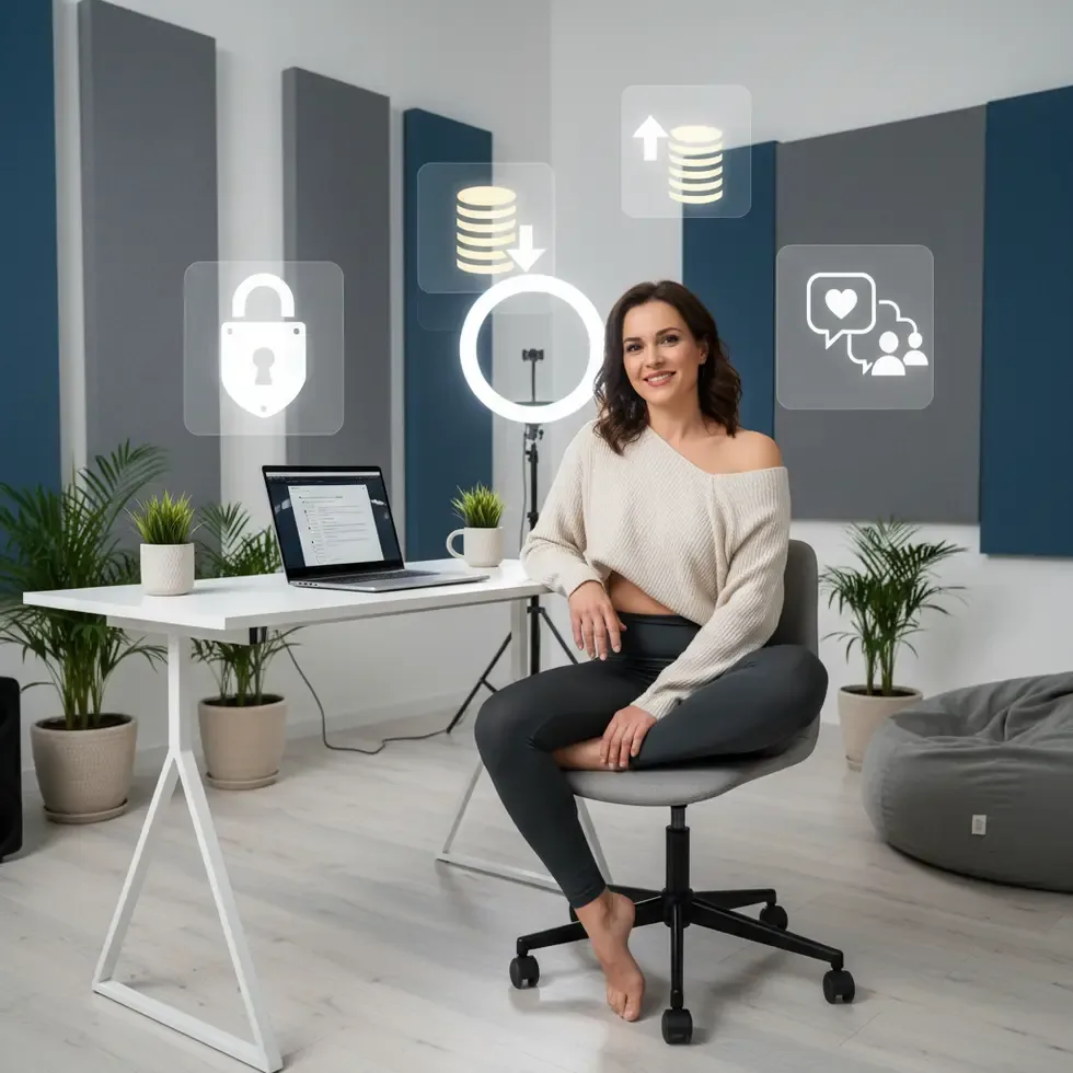 Confident adult content creator using laptop with security and finance icons around