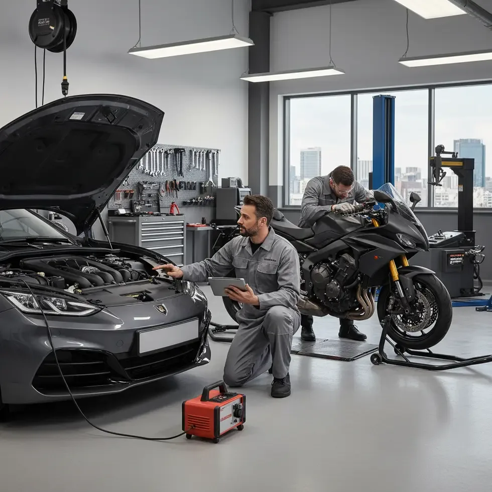 Mechanic performing preventive maintenance on car and motorcycle in garage