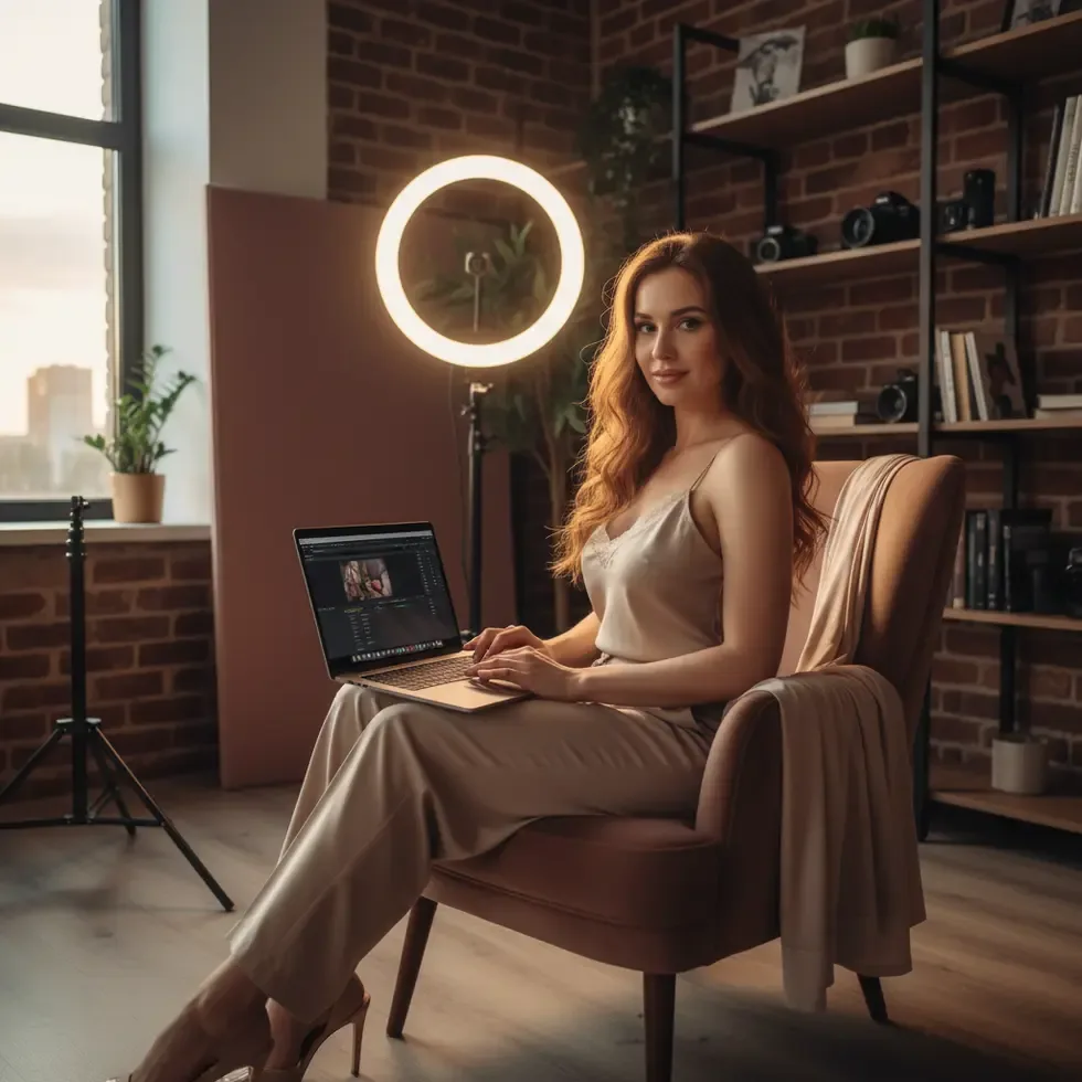 Sensual female content creator using laptop in home studio