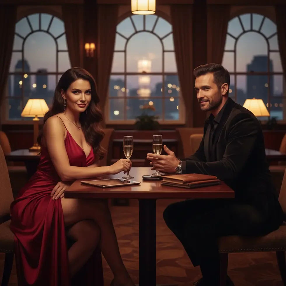 Two confident adult content creators discussing strategies in elegant setting